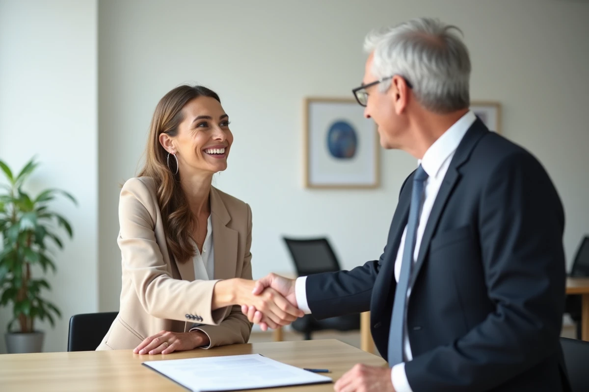 Poignée de main entre deux professionnels après la signature d'un accord de départ négocié en entreprise