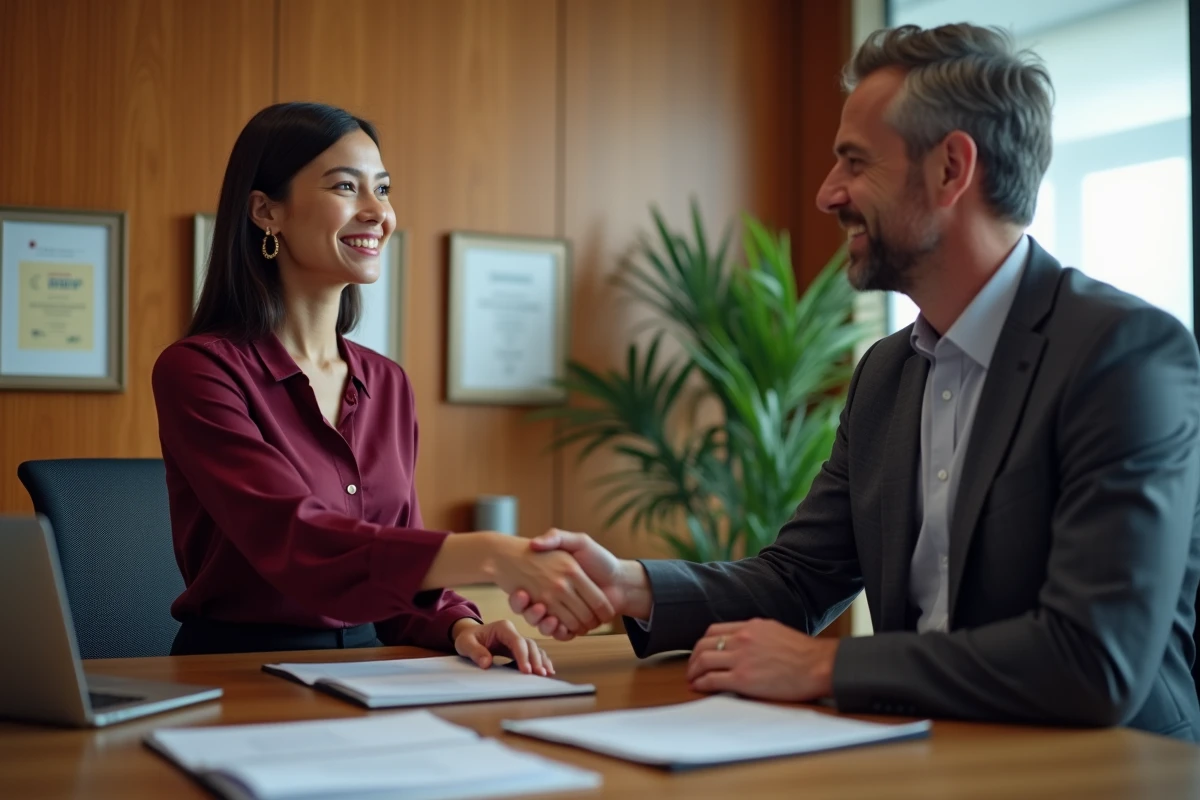 Signature d'un accord de partenariat fournisseur entre deux professionnels dans un bureau privé