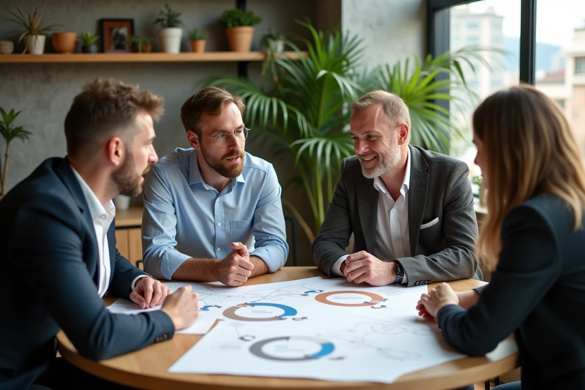 Groupe de professionnels en réunion autour d'une table circulaire discutant des acteurs de l'économie circulaire