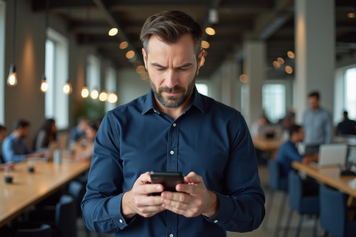 Homme activant son compte en ligne sur smartphone dans un espace de coworking