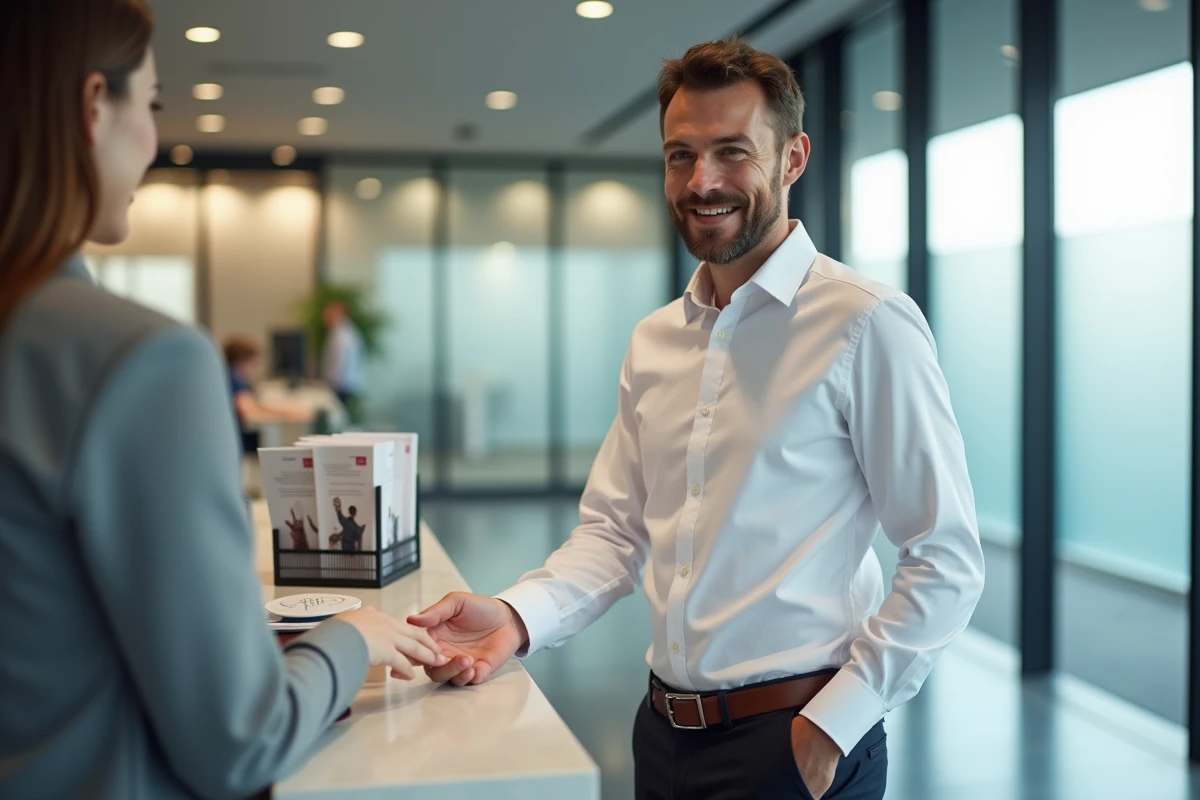 Conseiller en activité de service remettant un document à un client à un guichet d'accueil, représentant les enjeux de la relation de service