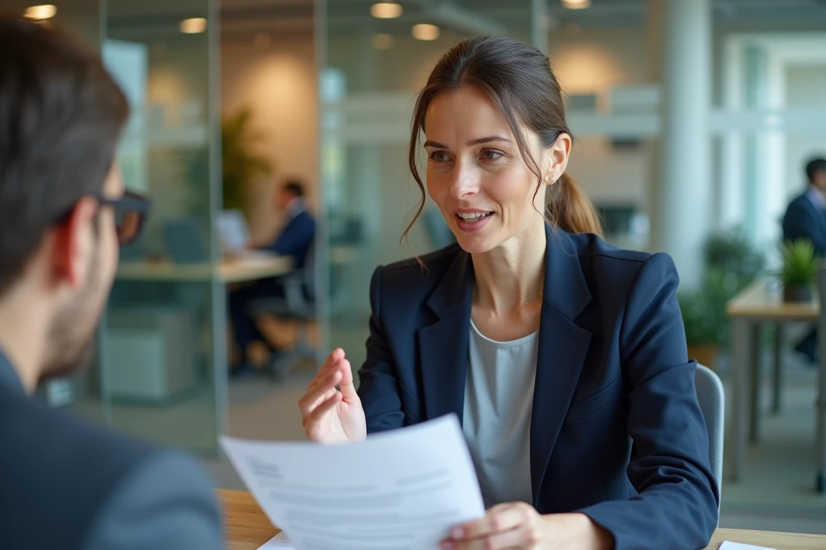 Professionnelle du secteur des services en réunion client dans un bureau moderne, illustrant la définition et les enjeux d'une activité de service