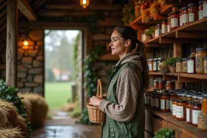 Femme explorant les produits artisanaux d'une ferme sous la pluie dans une grange rustique en bois