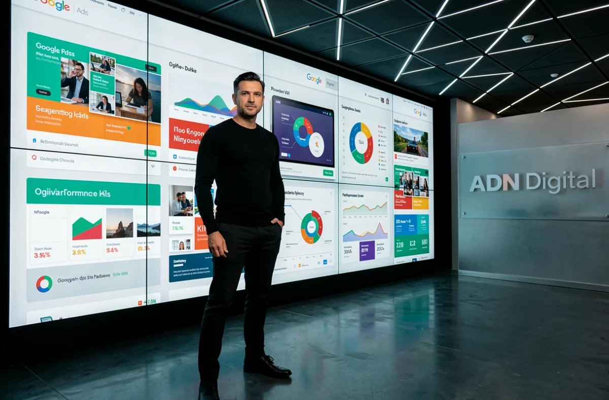 Directeur créatif de l'agence ADN Digital devant un mur d'écrans affichant des visuels et données de campagnes Google Ads