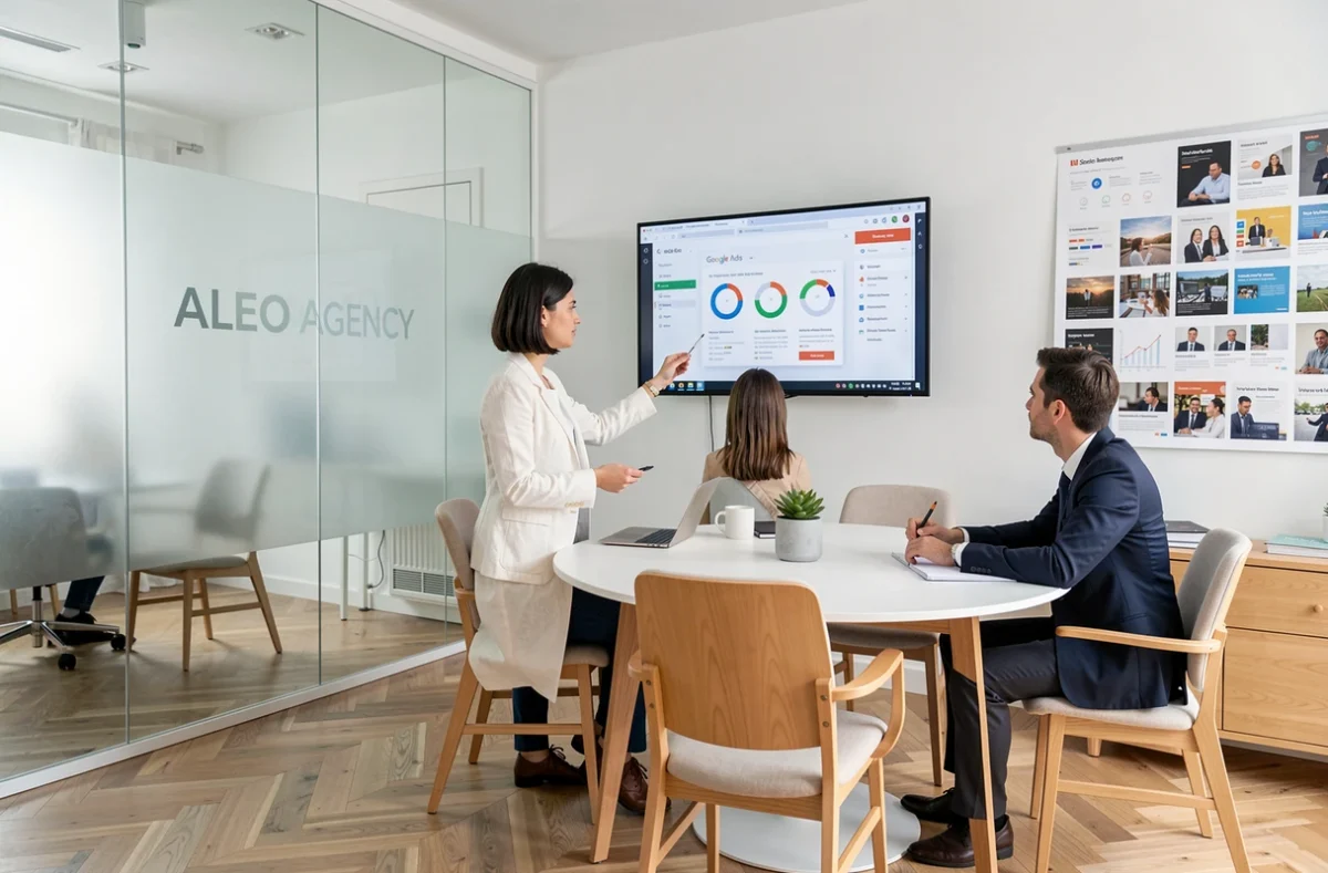 Consultante de l'agence ALEO Agency présentant une stratégie Google Ads à ses collègues dans une salle de réunion moderne