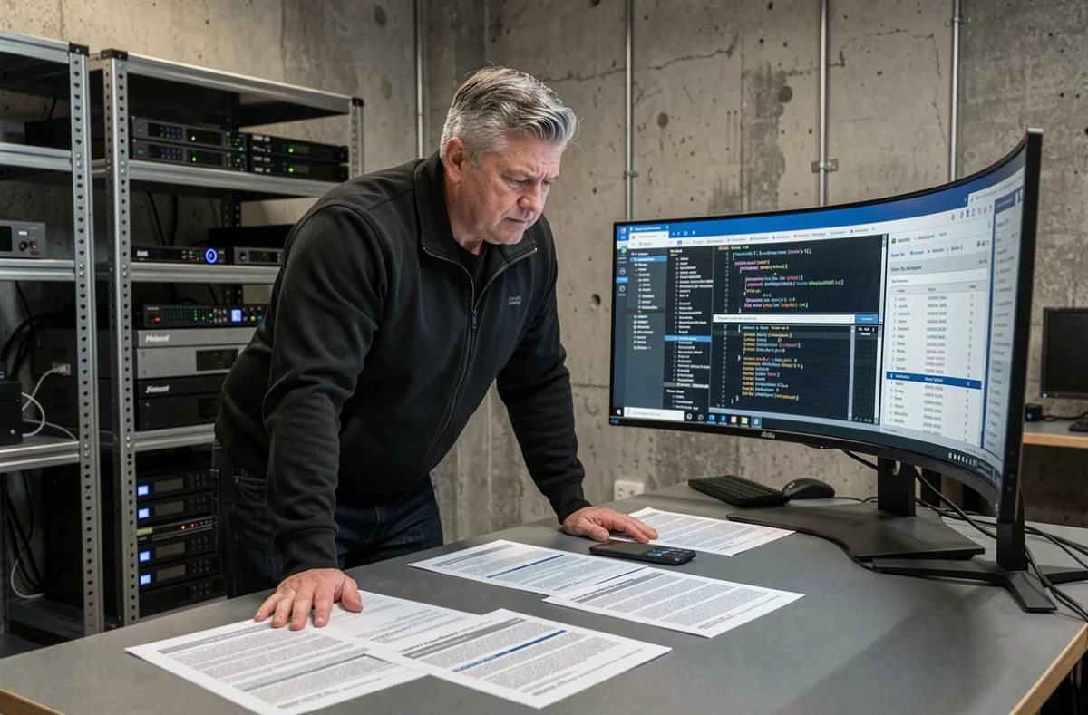 Développeur technique de l'agence Bulldozer analysant des données de crawl SEO et des logs serveur sur un large écran incurvé dans un bureau industriel