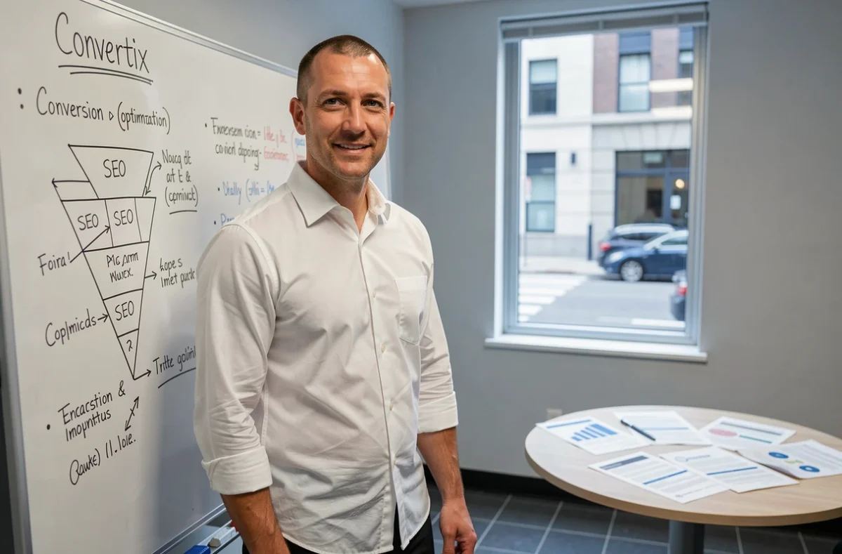 Responsable marketing digital de l'agence Convertix présentant un funnel SEO et des stratégies de conversion sur un tableau blanc dans une salle de travail