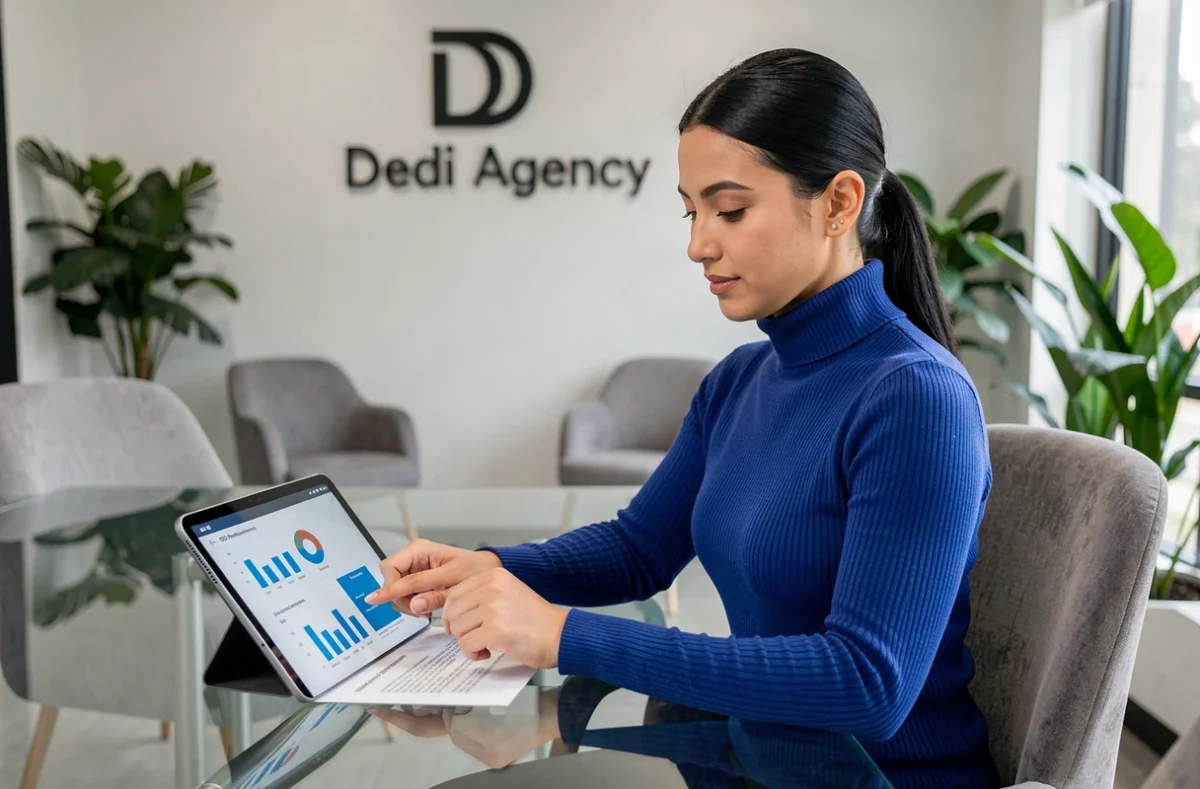 Gestionnaire de compte de Dedi Agency présentant un rapport de performance SEO à un client dans un espace de réunion élégant