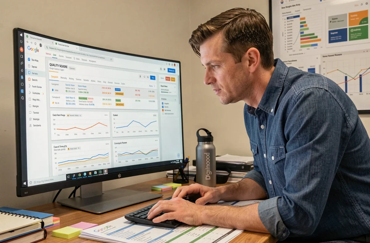 Expert Google Ads de l'agence Digimood analysant des rapports de mots-clés et scores de qualité sur un grand écran incurvé