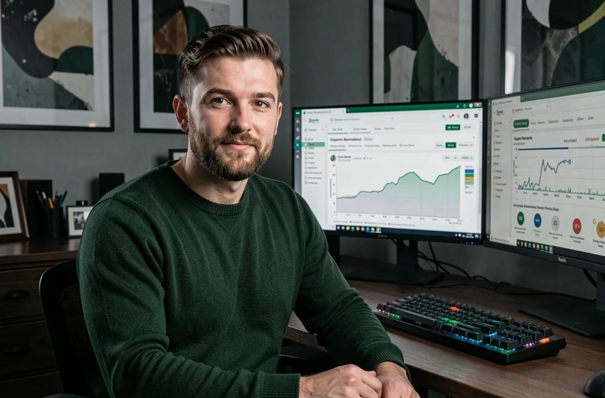 Analyste SEO de l'agence Empirik travaillant sur des tableaux de bord de trafic organique et de benchmarking concurrentiel dans un bureau sombre