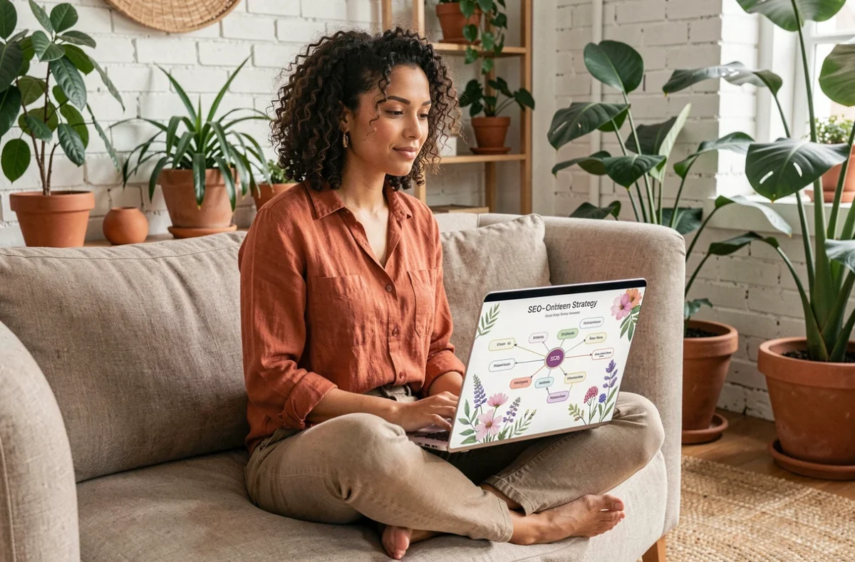 Stratège de contenu de l'agence Foxglove élaborant une stratégie SEO sur son ordinateur portable dans un studio créatif rempli de plantes