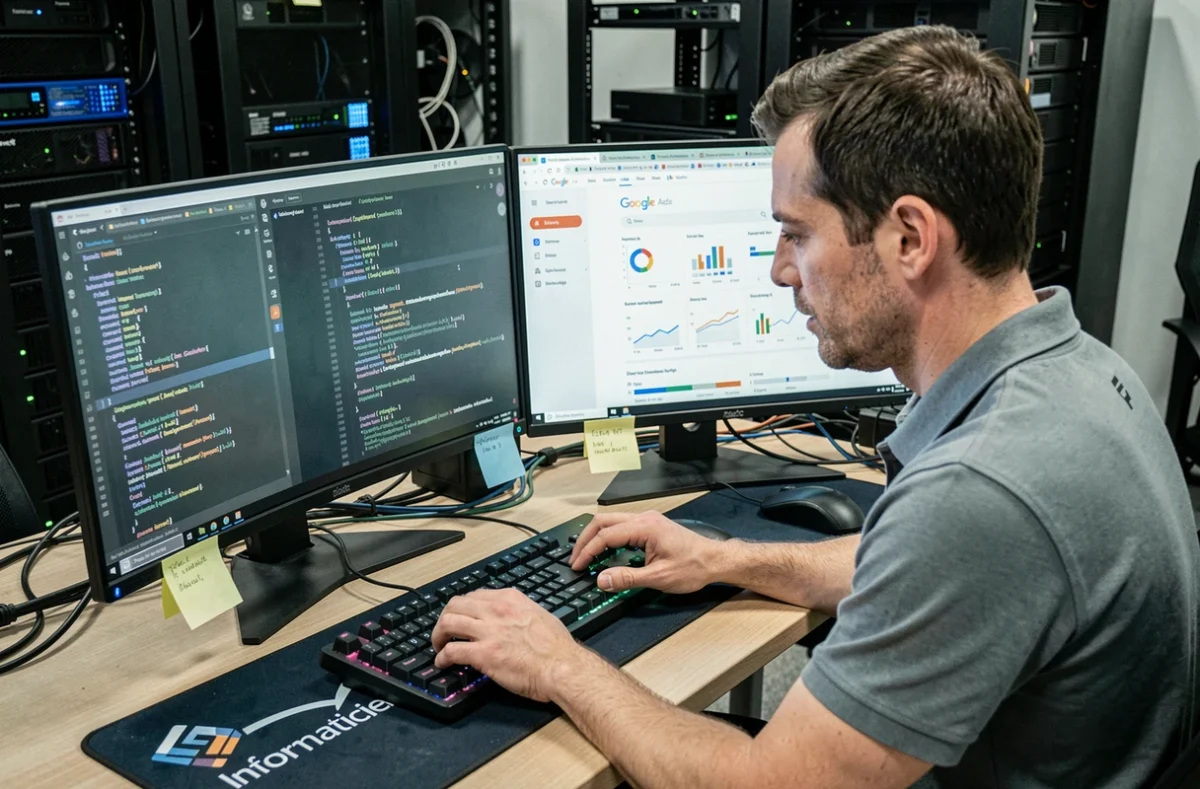 Spécialiste informatique de l'agence Informaticien.net gérant des campagnes Google Ads sur plusieurs écrans dans un bureau technique
