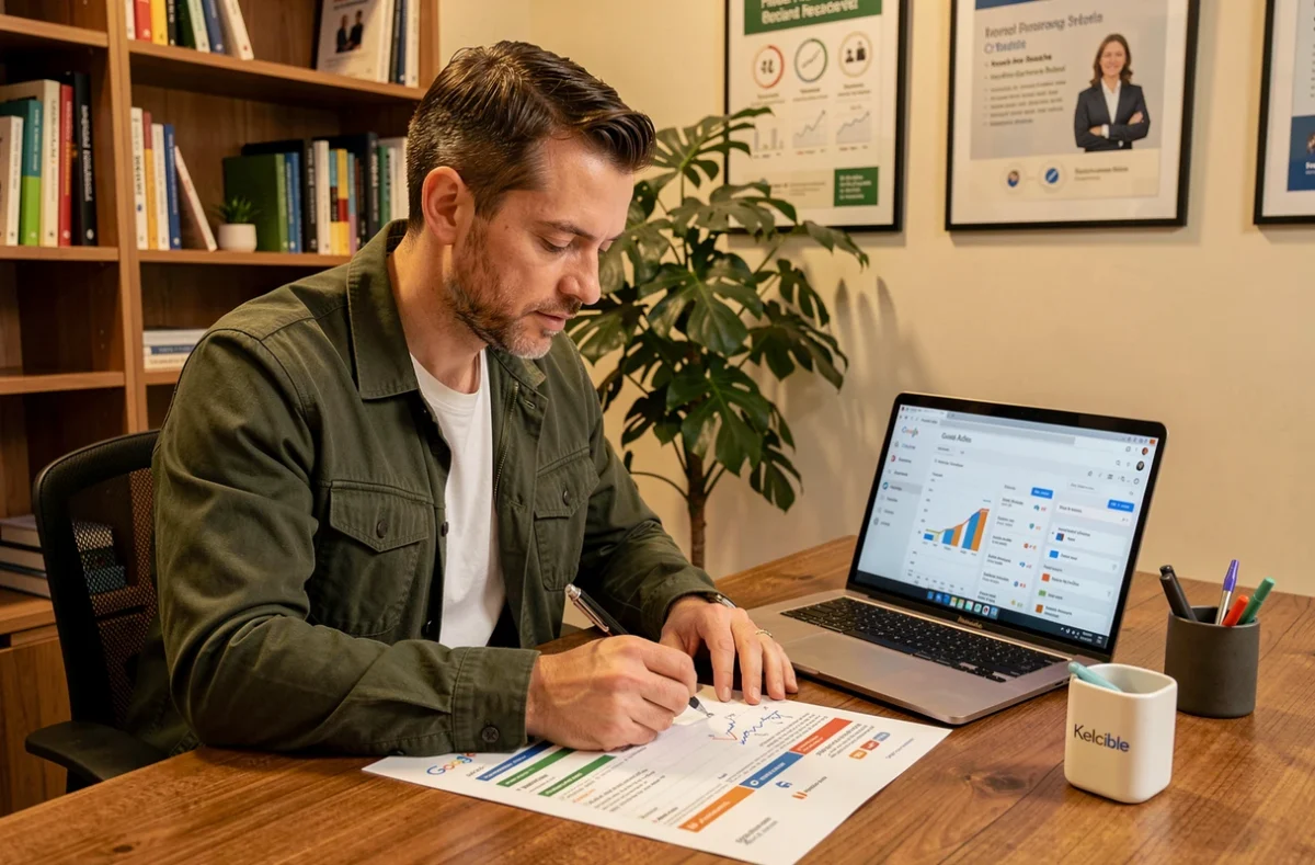 Consultant de l'agence Kelcible analysant des rapports de performance Google Ads imprimés à son bureau