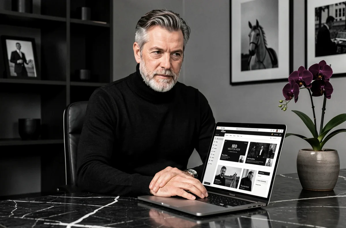 Directeur créatif de l'agence Mouton Noir travaillant sur un tableau de bord SEO en noir et blanc dans un studio sophistiqué aux tons monochromes