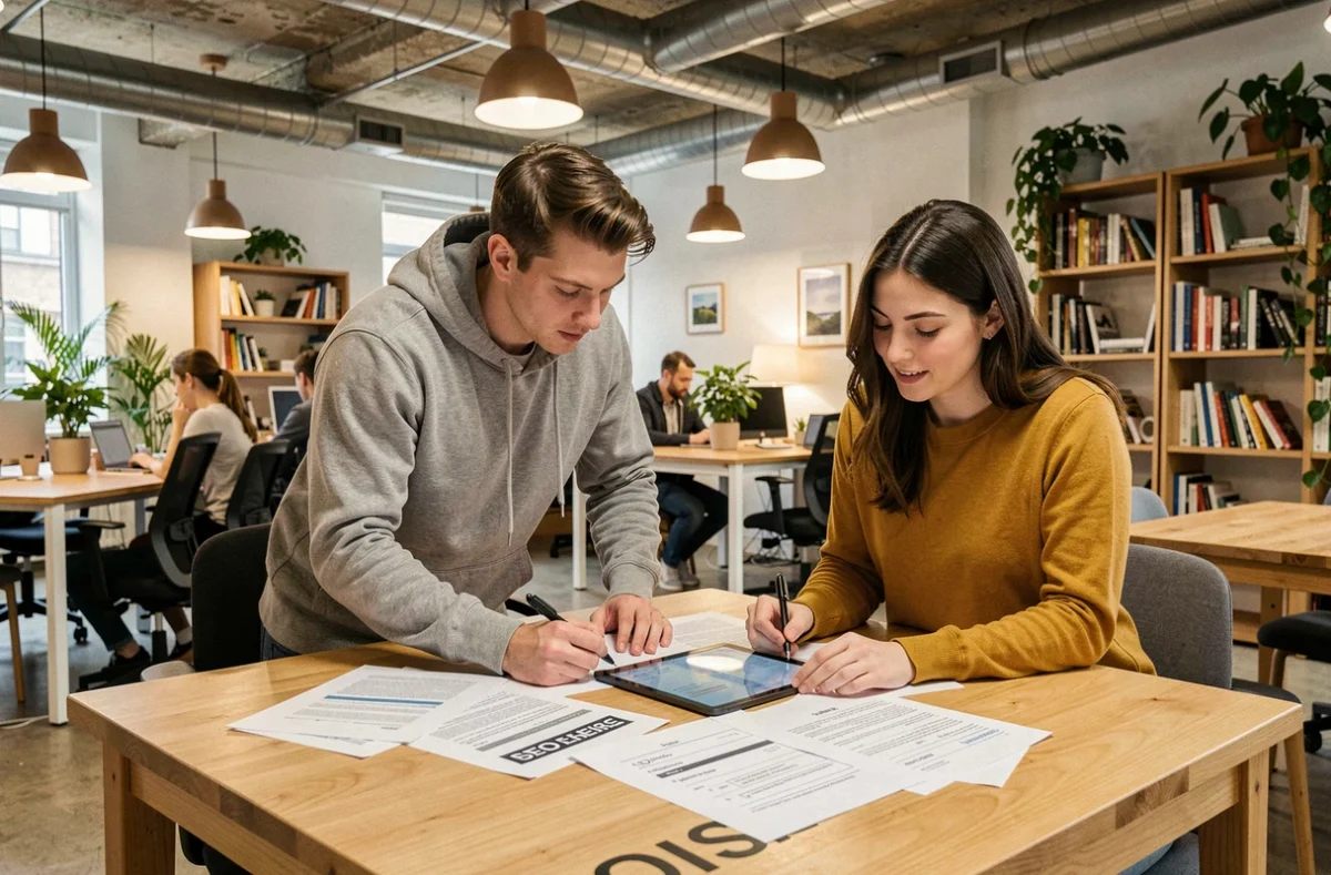 Deux professionnels de l'agence NOIISE collaborant sur un audit SEO et une cartographie de mots-clés dans un espace de coworking moderne