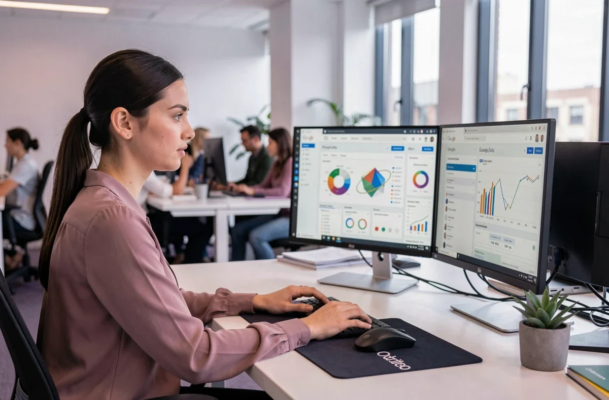 Consultante de l'agence Orbiteo travaillant sur des outils d'automatisation Google Ads dans un bureau moderne et lumineux