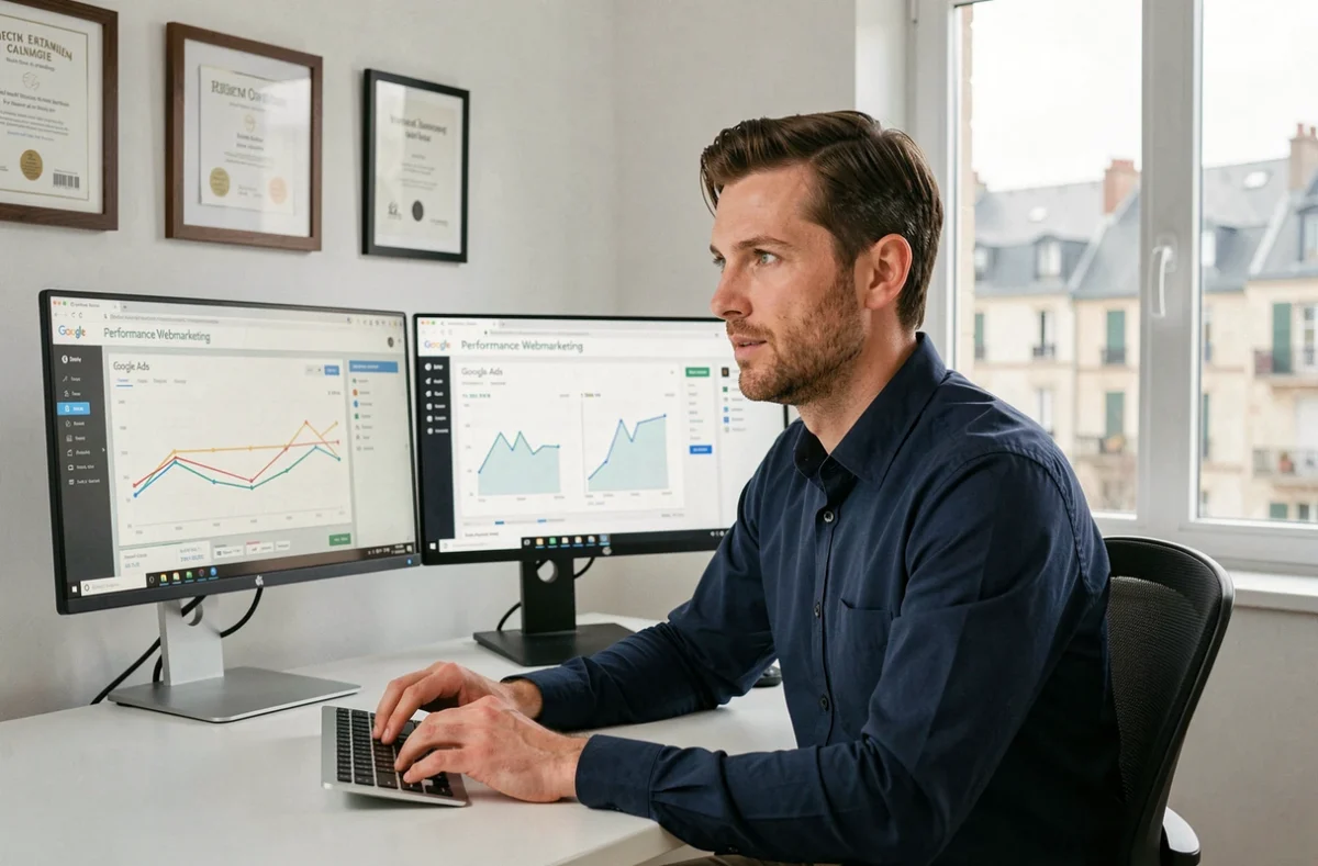 Consultant de l'agence Performance Webmarketing analysant des résultats de campagnes Google Ads sur deux écrans dans un bureau moderne