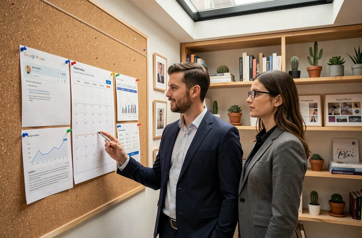 Deux spécialistes SEO de l'Agence Pickers examinant un calendrier de contenu éditorial et des captures Analytics dans un studio créatif avec verrière