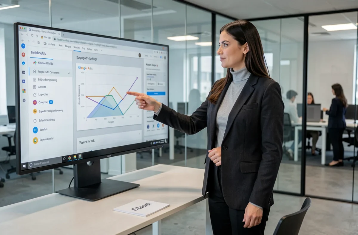 Stratège digitale de l'agence Staenk présentant une stratégie Google Ads sur un écran tactile dans une salle de réunion moderne