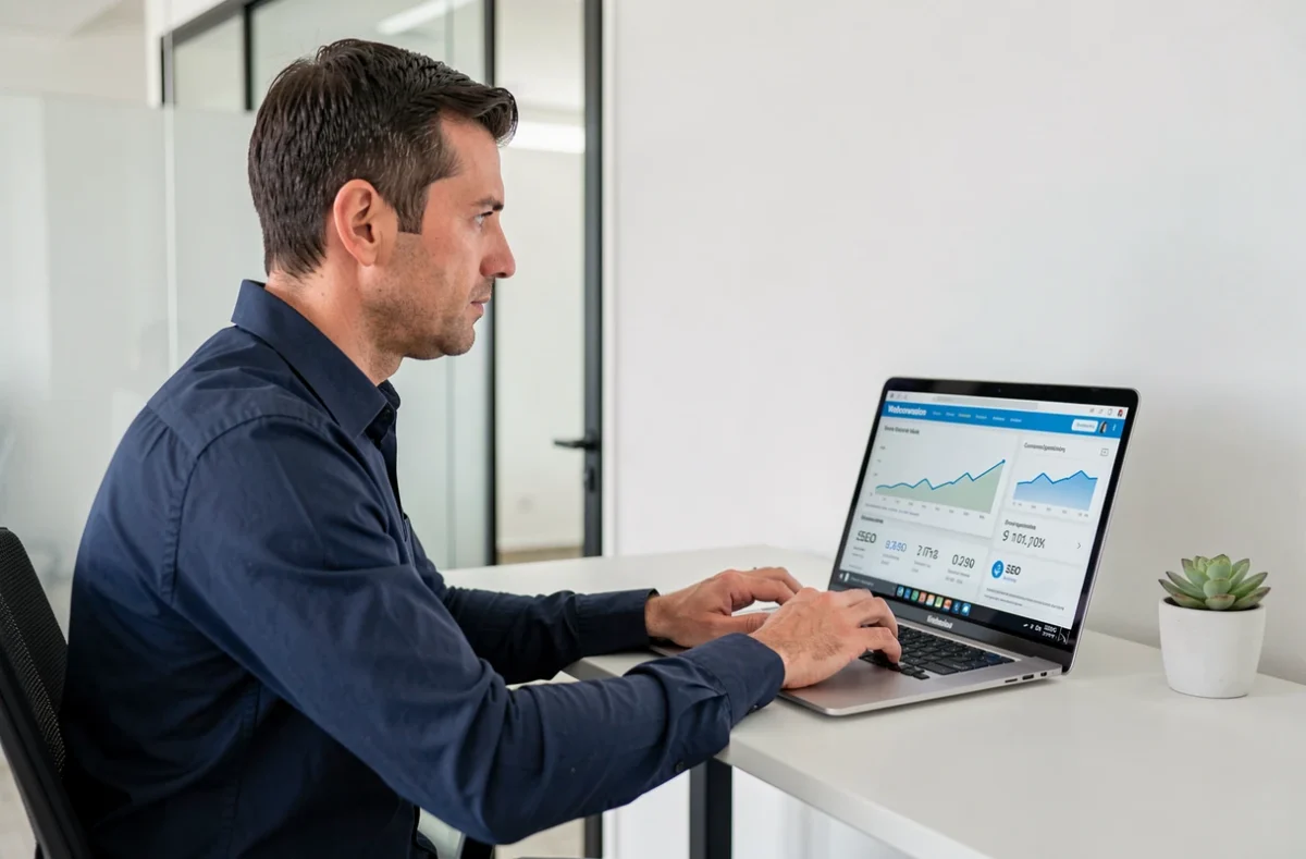 Stratège digital de l'agence Webconversion analysant des métriques SEO et de conversion sur son ordinateur portable dans un bureau épuré