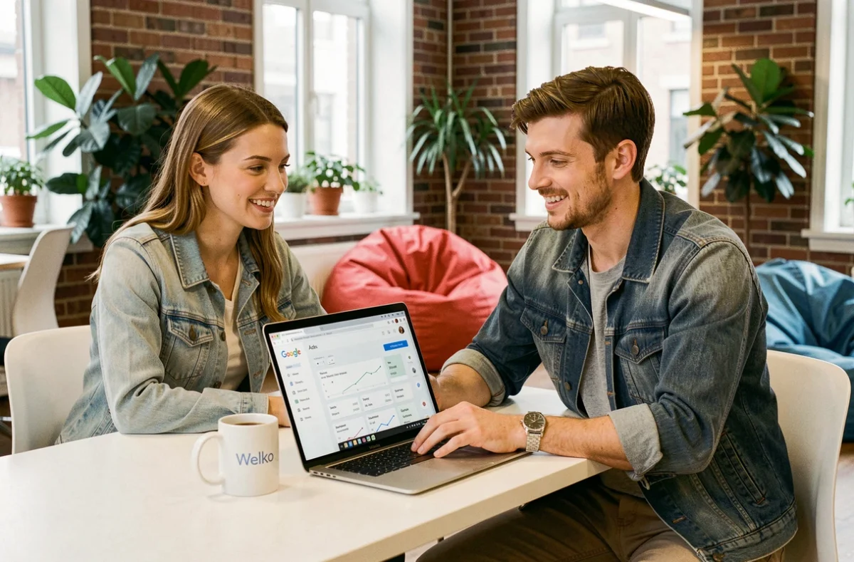 Deux collaborateurs de l'agence Welko travaillant ensemble sur une campagne Google Ads dans un espace de co-working convivial