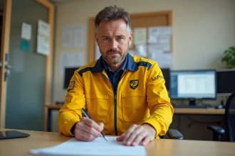 Agent La Poste remplissant un formulaire de déclaration d'heures supplémentaires au bureau