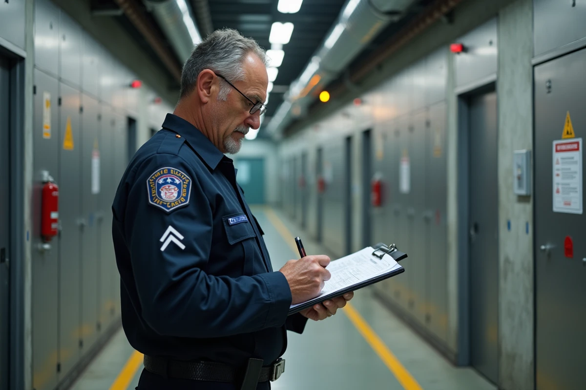 Agent de sécurité en uniforme analysant une liste de conformité dans un couloir industriel sécurisé