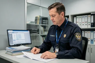 Agent de sécurité privée en uniforme consultant des documents réglementaires dans un bureau administratif