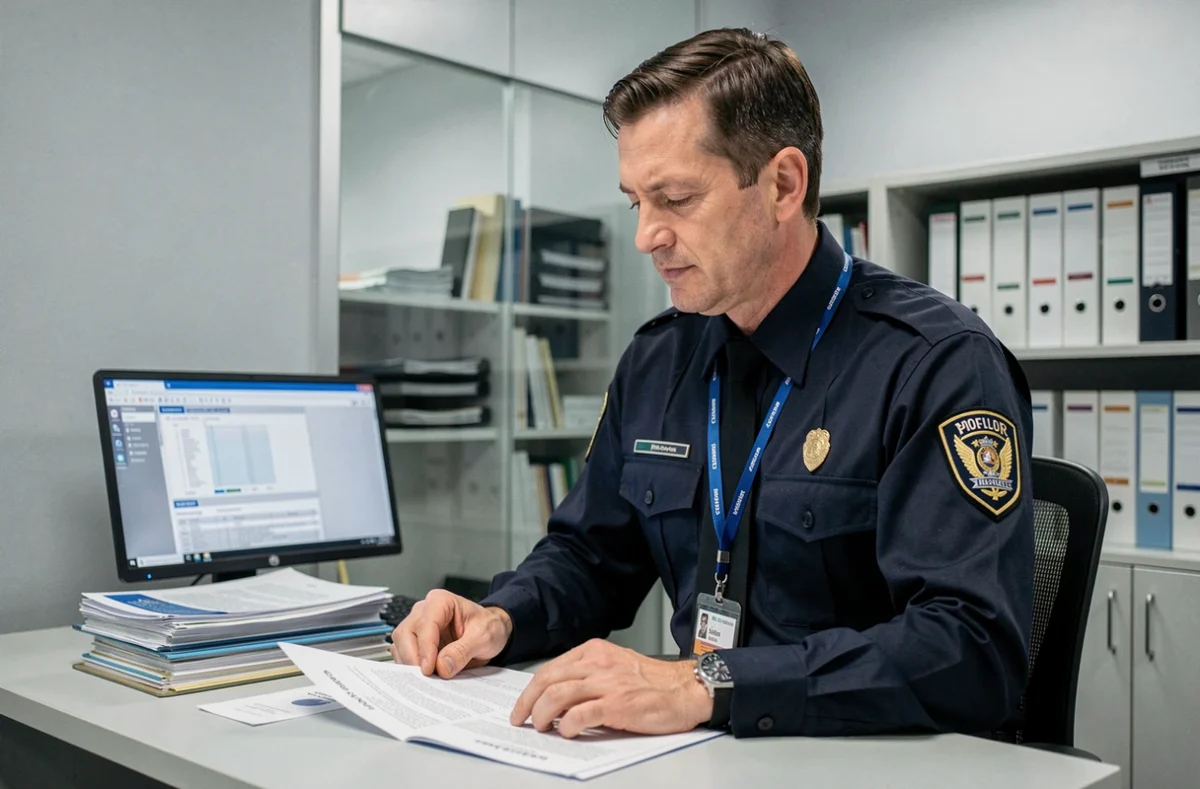 Agent de sécurité privée en uniforme consultant des documents réglementaires dans un bureau administratif
