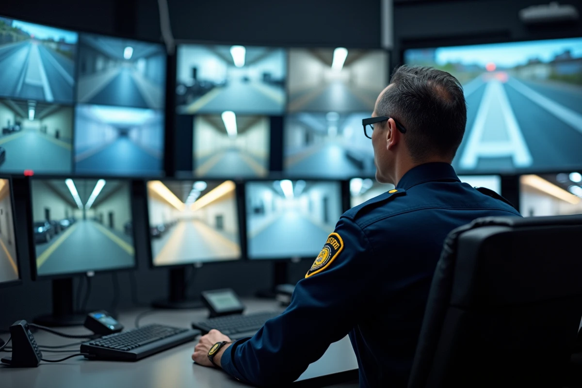 Agent de sécurité en entreprise surveillant des écrans de vidéosurveillance dans une salle de contrôle moderne