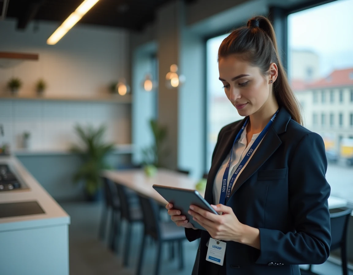 Agente de transit RATP utilisant une tablette pour accéder à son espace Urban Group en salle de pause