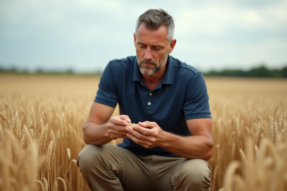 Agronome examinant des cultures de blé dans un champ agricole, illustrant l'utilisation des engrais azotés Nitrofer
