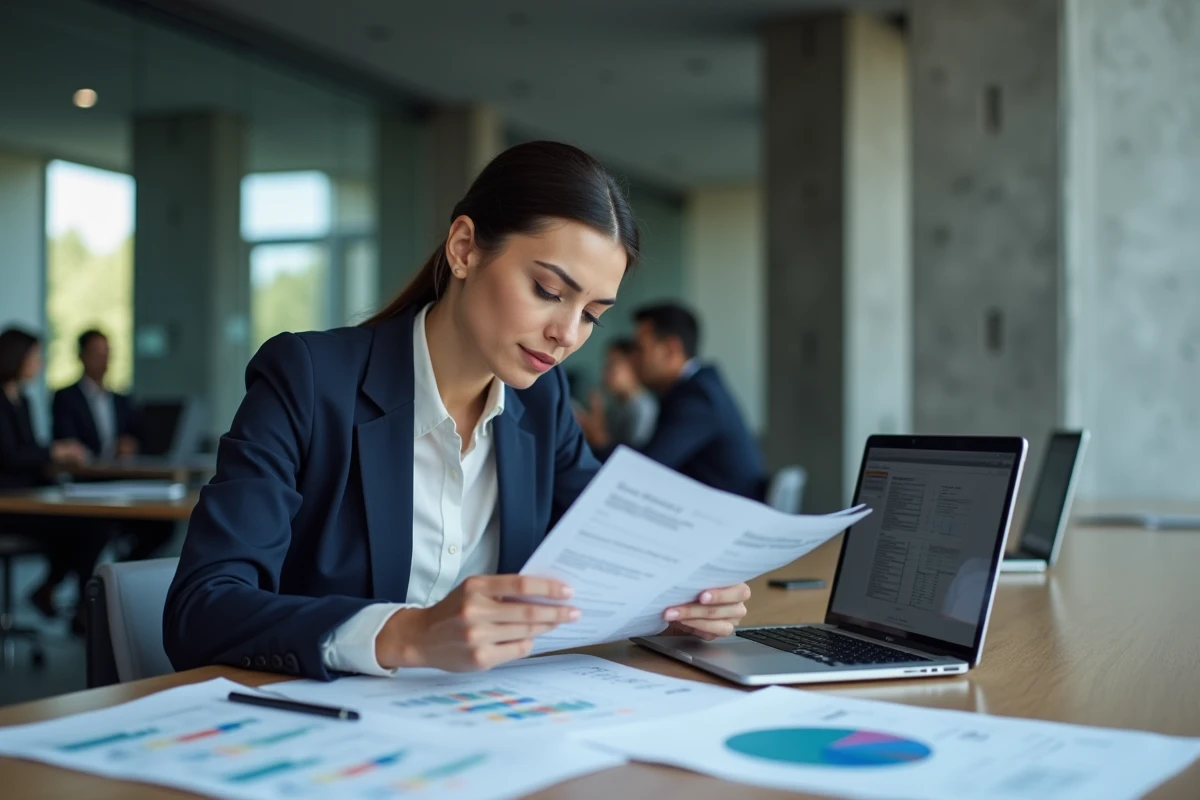 Responsable informatique analysant des tableaux comparatifs d'ERP lors d'une réunion en salle de conférence moderne