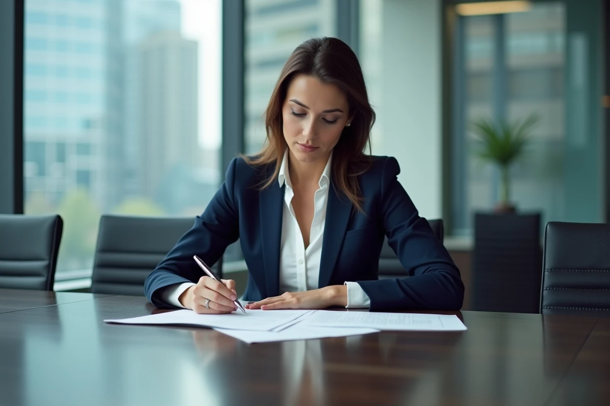 Femme professionnelle analysant un contrat optimal dans une salle de réunion moderne