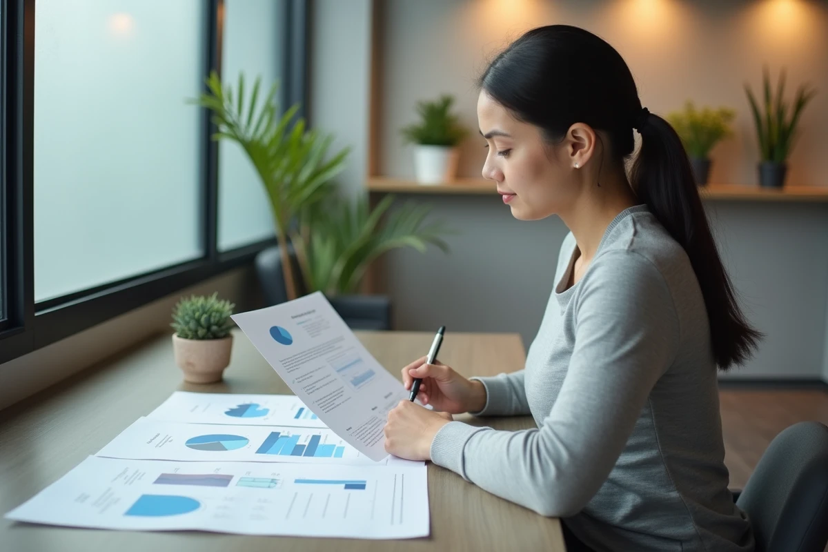 Femme analysant des graphiques de cycle de vie de produit sur des documents imprimés dans un espace de coworking