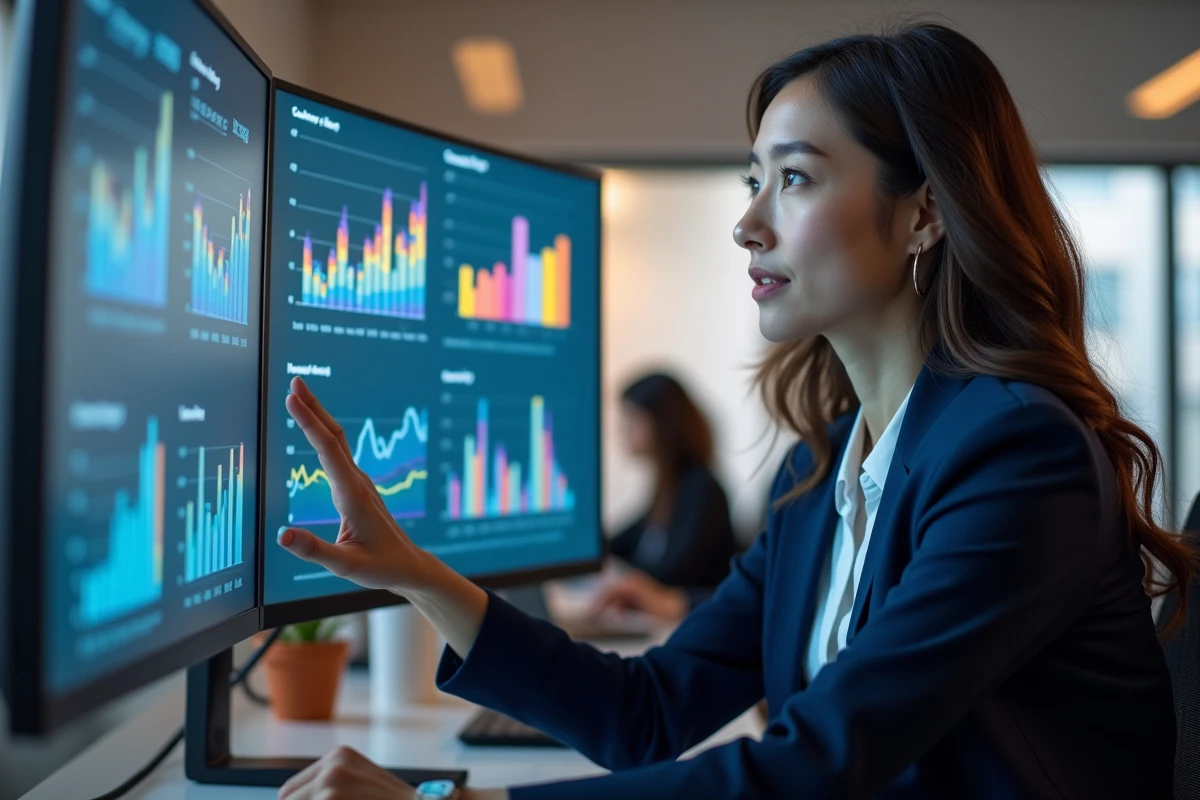 Femme analyste marketing étudiant des tableaux de bord KPI sur un écran d'ordinateur dans un bureau moderne