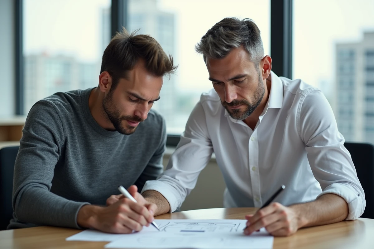 Deux professionnels analysant un plan de développement des compétences dans le cadre d'une stratégie GPEC