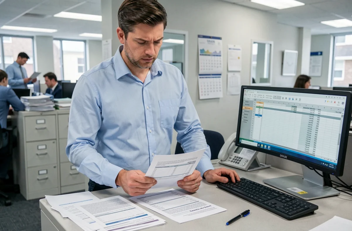 Comptable analysant une fiche de paie et les indemnités de fin de contrat CDD en open space