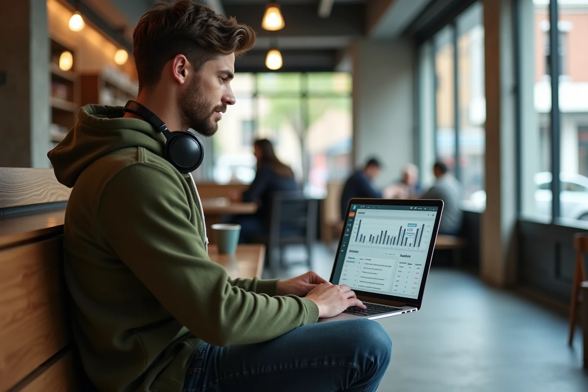 Jeune développeur analysant les statistiques de référencement naturel Google sur un laptop dans un café urbain