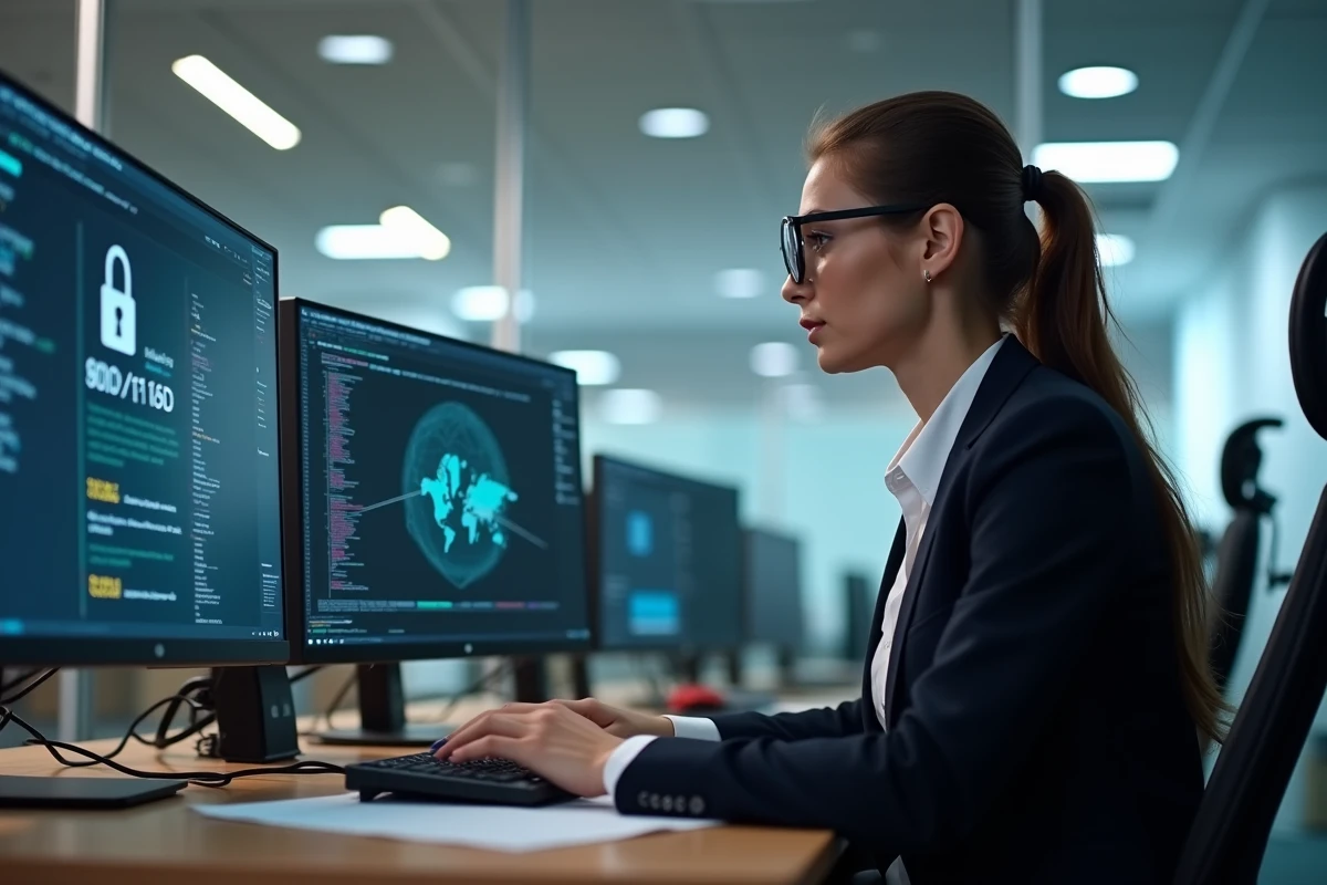 Analyste en cybersécurité travaillant sur des tableaux de bord de conformité et de sécurité numérique