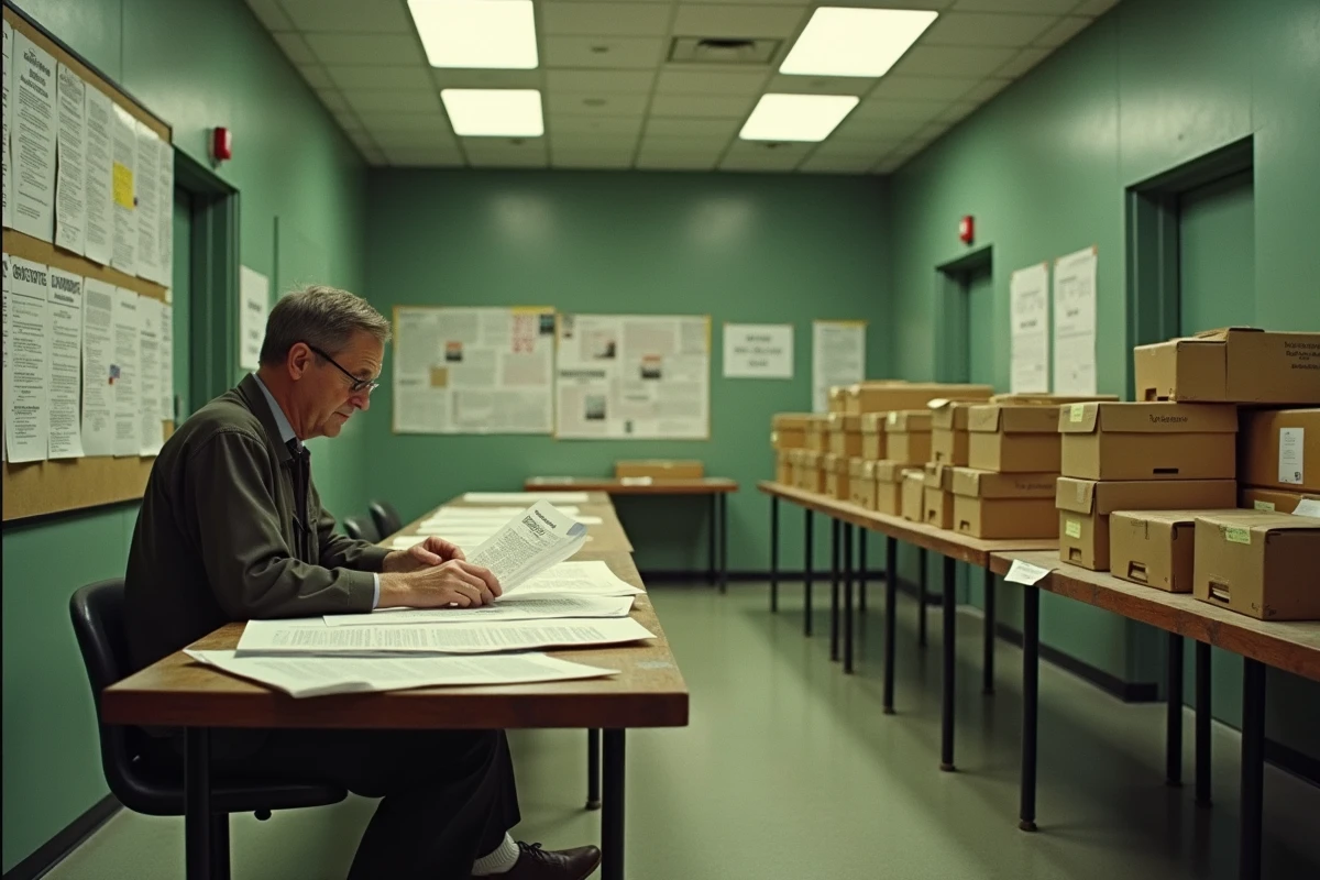 Homme consultant des archives de faillites dans une salle de dossiers judiciaires publics