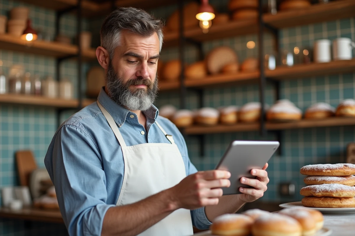 Artisan boulanger consultant une interface d'enregistrement de micro-entreprise sur une tablette dans sa boutique