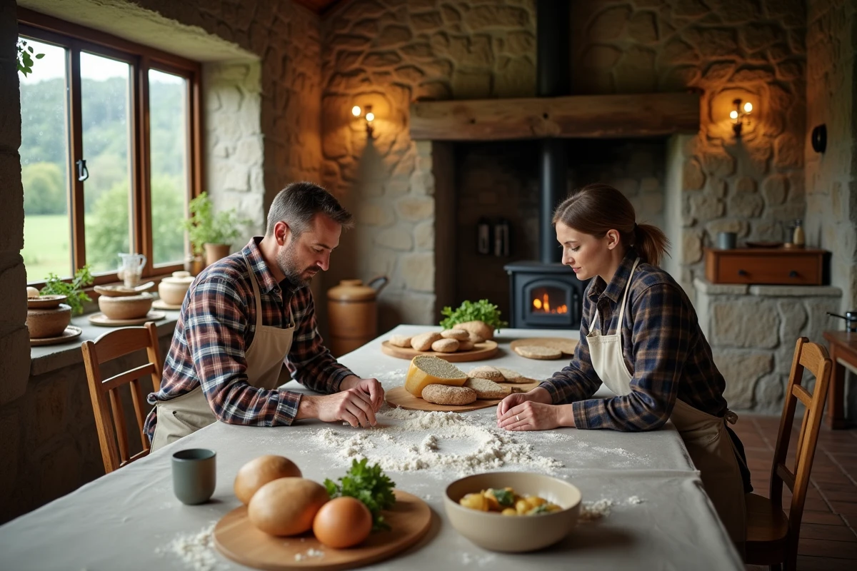 Atelier culinaire fermier en intérieur par temps de pluie dans une cuisine en pierre traditionnelle