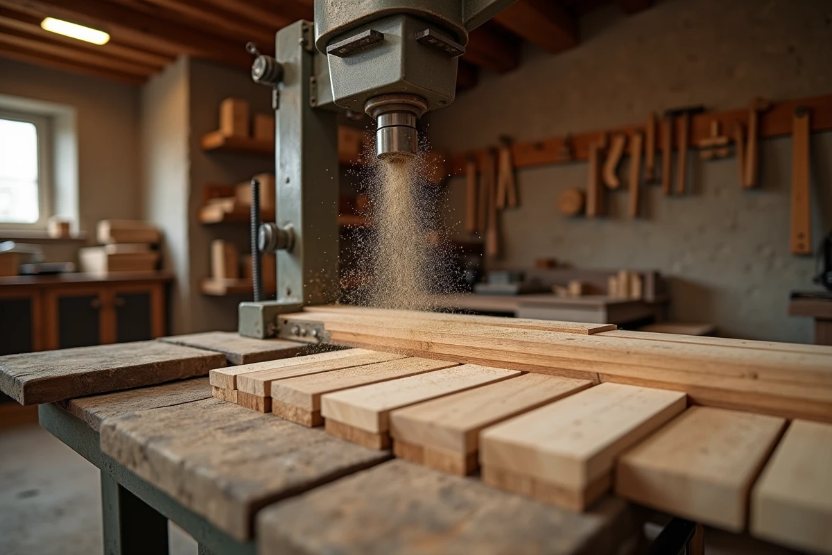 Machine de découpe de planches en bois pour la fabrication artisanale de règles en bois dans un atelier