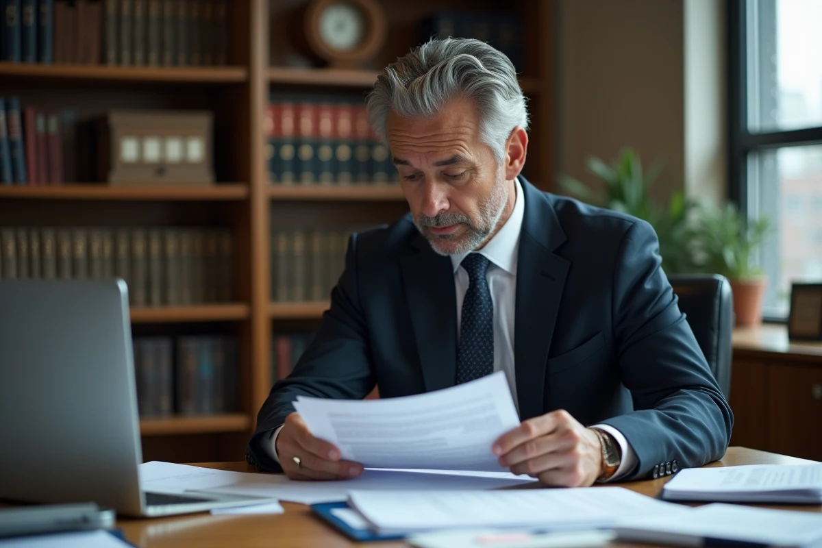 Avocat consultant une liste de faillites sur documents officiels dans un bureau juridique