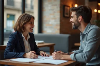 Business angel Sandra en réunion avec un jeune entrepreneur dans un café parisien, illustrant l'investissement à impact social