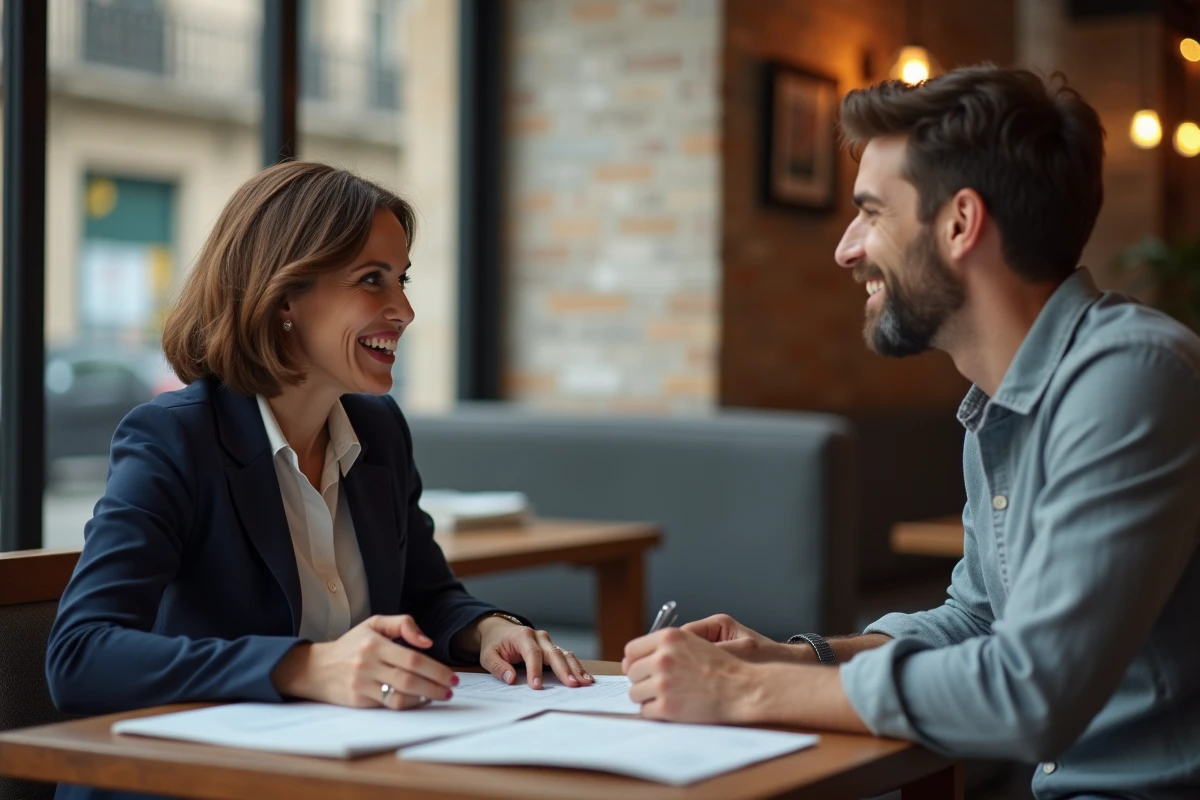 Business angel Sandra en réunion avec un jeune entrepreneur dans un café parisien, illustrant l'investissement à impact social