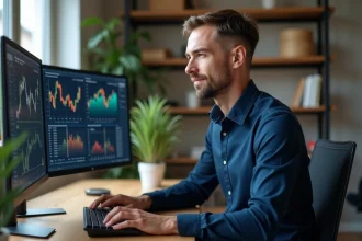 Homme d'affaires analysant un système automatisé de trading crypto sur double écran dans un bureau moderne