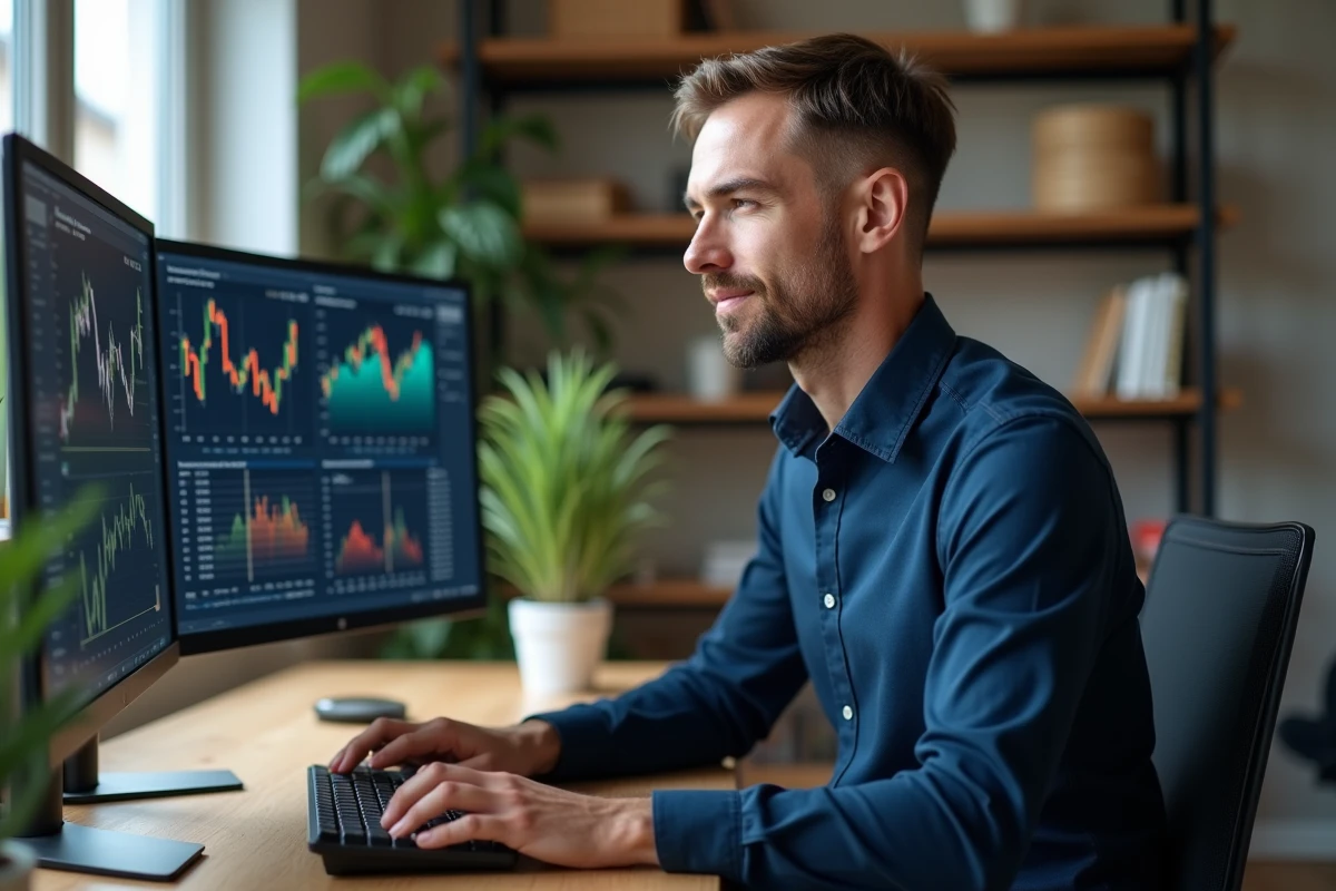 Homme d'affaires analysant un système automatisé de trading crypto sur double écran dans un bureau moderne