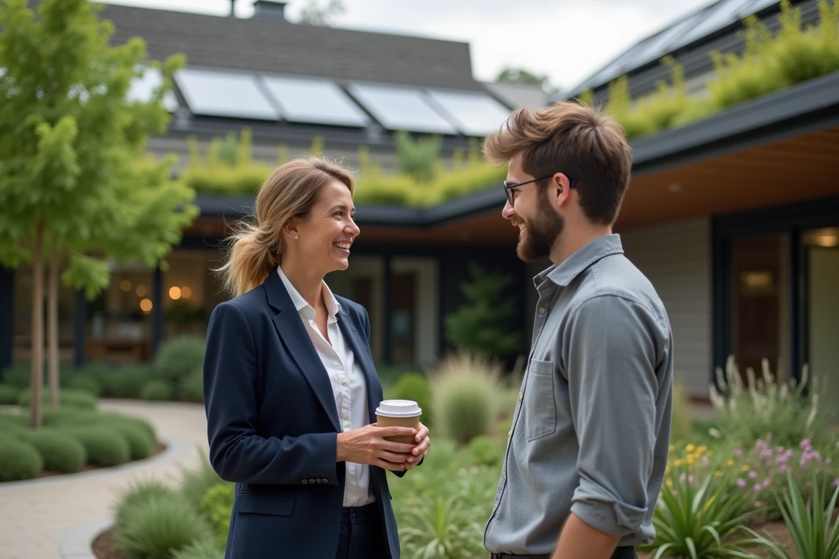 Femme cadre et collègue discutant des engagements RSE devant un bâtiment d'entreprise écoresponsable avec jardin urbain